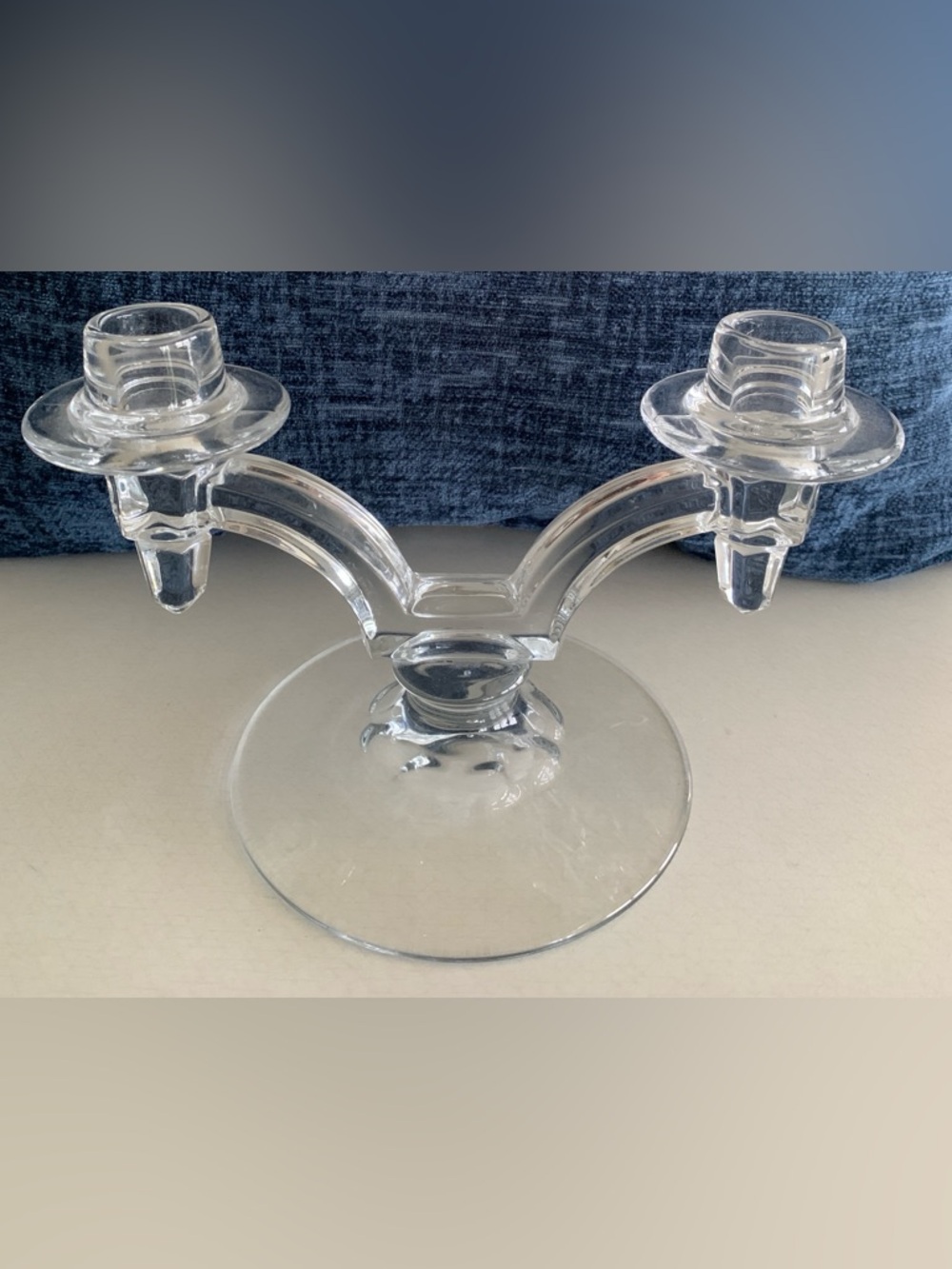 VTG Art  Deco Cleat Glass Crystal Double Taper Candle Holder. 8” W X 5.5” T